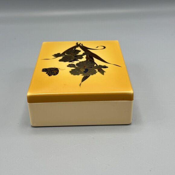 Plastic Celluloid Vanity Trinket Box Rectangle Yellow Irises Butterfly Kitschy - Picture 6 of 11
